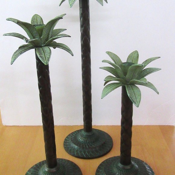 Vintage Two's Company Tommys Island palm tree metal candlesticks - set of 3 - Picture 3 of 7